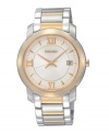A goldtone bezel adds indisputable class to this Seiko dress watch. Two tone stainless steel bracelet and round case. White dial features goldtone stick indices, logo, Roman numerals at twelve, six and nine o'clock and date window at three o'clock. Quartz movement. Water resistant to 30 meters. Three-year limited warranty.