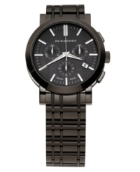 This Burberry timepiece features a black ion-plated stainless steel bracelet and round case. Gunmetal-colored chronograph dial with logo, date window, three subdials and silvertone indices. Three hands. Swiss movement. Water resistant to 30 meters. Two-year limited warranty. This Burberry timepiece features a black ion-plated stainless steel bracelet and round case. Gunmetal-colored chronograph dial with logo, date window, three subdials and silvertone indices. Three hands. Swiss movement. Water resistant to 30 meters. Two-year limited warranty.