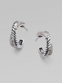 An arc of pavé diamonds crisscrosses a curved cable of sterling silver to form a striking yet simple X-shaped hoop. Diamonds, 0.42 tcw Sterling silver Drop, about ¾ Post back Imported An arc of pavé diamonds crisscrosses a curved cable of sterling silver to form a striking yet simple X-shaped hoop. Diamonds, 0.42 tcw Sterling silver Drop, about ¾ Post back Imported