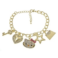 Adorable 14k Gold Plated Hello Kitty Crystal Cz Stud Celebrity Teen Multi Charm Bracelet Adorable 14k Gold Plated Hello Kitty Crystal Cz Stud Celebrity Teen Multi Charm Bracelet