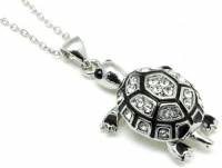 Adorable Silver Plated 3-D Turtle Charm Necklace with Austrian Crystals and Black Enamel Adorable Silver Plated 3-D Turtle Charm Necklace with Austrian Crystals and Black Enamel