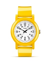A simple deign based on vintage style, this round faced watch from Timex is updated with modern features and a yellow strap. A simple deign based on vintage style, this round faced watch from Timex is updated with modern features and a yellow strap.