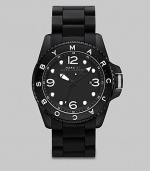 In stylish black and white, a sporty timepiece for the man on the go.QuartzWater-resistant to 5 ATMRound case; 45mm (1.8)Black dial with white detailsNumbers and markersDate display at 3 o'clockSecond handBlack IP and stainless steel with silicone wrapMade in Japan
