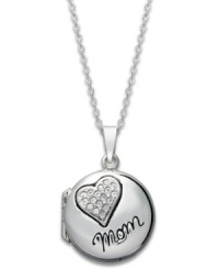 A truly personal touch. This Mother's Day, surprise her with a keepsake heart locket. This heart pendant is crafted in sterling silver with sparkling crystal accents and a pretty Mom engraving. Approximate length: 18 inches. Approximate drop: 9/10 inch. A truly personal touch. This Mother's Day, surprise her with a keepsake heart locket. This heart pendant is crafted in sterling silver with sparkling crystal accents and a pretty Mom engraving. Approximate length: 18 inches. Approximate drop: 9/10 inch.