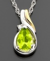 The unique, spring-like hue of peridot (7/8 ct. t.w.) is sure to liven up any look. Cut in a faceted pear shape and surrounded with round-cut diamond accents, this pendant necklace hangs from a 14k gold and sterling silver chain. Approximate length: 18 inches. Approximate drop: 1/2 inches.