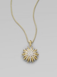 From the Starburst Collection. A celestial-inspired style in radiant 18k gold with dazzling diamonds on a box link chain. 18k goldDiamonds, .34 tcwLength, about 16 to 17 adjustablePendant size, about ¾ Lobster clasp closureImported From the Starburst Collection. A celestial-inspired style in radiant 18k gold with dazzling diamonds on a box link chain. 18k goldDiamonds, .34 tcwLength, about 16 to 17 adjustablePendant size, about ¾ Lobster clasp closureImported