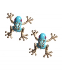Add a little extra leap to your look. Betsey Johnson's hopping frog studs feature blue enamel and red crystal accents. Crafted in antique gold tone mixed metal. Approximate diameter: 1-1/4 inches. Add a little extra leap to your look. Betsey Johnson's hopping frog studs feature blue enamel and red crystal accents. Crafted in antique gold tone mixed metal. Approximate diameter: 1-1/4 inches.