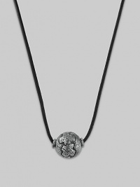 A sleek leather cord holds a sphere of hand-forged sterling silver with a rustic cross design.Leather Sterling silver Length, about 21 Hematite bead clasp Made in USA A sleek leather cord holds a sphere of hand-forged sterling silver with a rustic cross design.Leather Sterling silver Length, about 21 Hematite bead clasp Made in USA