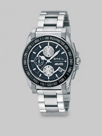 A sophisticated dress look crafted in stainless steel with renowned Swiss precision and luminous, easy-to-read hands. Round bezel Quartz movement Three-eye chronograph functionality Water resistant to 10ATM Second hand Stainless steel case: 41.5mm (1.63) Stainless steel bracelet Diver clasp with safety lock Made in Switzerland 