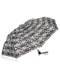 A chic umbrella with black and white logo print all over and black logo printed ball handle. A chic umbrella with black and white logo print all over and black logo printed ball handle.