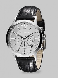 A slim, stainless steel timepiece crafted with chronograph functionality on a croco-textured leather strap. Quartz movement Water-resistant to 5ATM /50m Stainless steel case, 43mm, 1.69 Croco leather band, 23mm wide, .90 Sapphire crystal Cream dial Hour markers Date display Imported A slim, stainless steel timepiece crafted with chronograph functionality on a croco-textured leather strap. Quartz movement Water-resistant to 5ATM /50m Stainless steel case, 43mm, 1.69 Croco leather band, 23mm wide, .90 Sapphire crystal Cream dial Hour markers Date display Imported