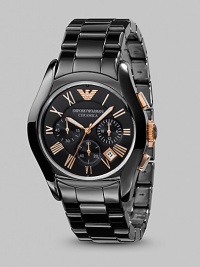 Cool and classic at once with versatility for work and weekend. A lightweight ceramic design includes a three-eye chronograph black dial. Quartz movement Three-eye chronograph functionality Water resistant to 3 ATM Date function at 4 o'clock Second hand Stainless steel case: 42mm (1.65) Ceramic band: 22mm (0.87) Deployment clasp Imported Cool and classic at once with versatility for work and weekend. A lightweight ceramic design includes a three-eye chronograph black dial. Quartz movement Three-eye chronograph functionality Water resistant to 3 ATM Date function at 4 o'clock Second hand Stainless steel case: 42mm (1.65) Ceramic band: 22mm (0.87) Deployment clasp Imported