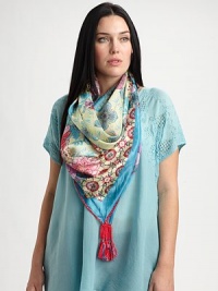 A glorious woven silk scarf with a perfectly charming print.42 X 42SilkHand washImported A glorious woven silk scarf with a perfectly charming print.42 X 42SilkHand washImported