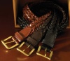 Braided Leather Brass Buckle Belt, TAN, 42