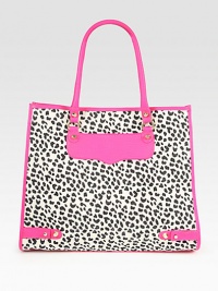 A roomy carryall of sturdy canvas to express your wild side, featuring an exotic print and contrasting leather trim. Double leather top handles, 7½ dropMagnetic snap closureOne inside zip pocketThree inside open pocketsCotton lining15½W X 13¼H X 4DImported A roomy carryall of sturdy canvas to express your wild side, featuring an exotic print and contrasting leather trim. Double leather top handles, 7½ dropMagnetic snap closureOne inside zip pocketThree inside open pocketsCotton lining15½W X 13¼H X 4DImported