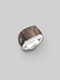 A gleaming, three-sided silver design is offset with inlaid palm wood and a logo accent. About ¾ wide at front Ring, about 1 wide Imported A gleaming, three-sided silver design is offset with inlaid palm wood and a logo accent. About ¾ wide at front Ring, about 1 wide Imported