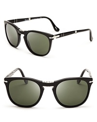 Persol perfection: luxe retro frames with bold silver accents fold up into a compact, ultra-portable shape-without sacrificing looks. Persol perfection: luxe retro frames with bold silver accents fold up into a compact, ultra-portable shape-without sacrificing looks.