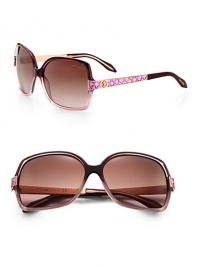 Totally snazzy plastic shades with plush leather accents and logo detail. Available in purple with gradient brown to plum lens and brown with brown gradient lens.Embossed leather temples with Cavalli crest100% UV protectionMade in Italy Totally snazzy plastic shades with plush leather accents and logo detail. Available in purple with gradient brown to plum lens and brown with brown gradient lens.Embossed leather temples with Cavalli crest100% UV protectionMade in Italy