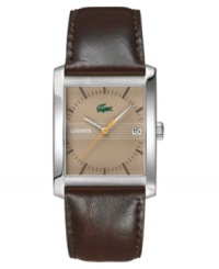 Redefine your style with this sleek, antiqued watch by Lacoste. Black textured leather strap and stainless steel rectangular case. Brown dial dial features logo, date window and stick indices. Quartz movement. Water resistant to 30 meters. Two-year limited warranty.