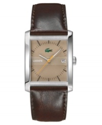Redefine your style with this sleek, antiqued watch by Lacoste. Black textured leather strap and stainless steel rectangular case. Brown dial dial features logo, date window and stick indices. Quartz movement. Water resistant to 30 meters. Two-year limited warranty. Redefine your style with this sleek, antiqued watch by Lacoste. Black textured leather strap and stainless steel rectangular case. Brown dial dial features logo, date window and stick indices. Quartz movement. Water resistant to 30 meters. Two-year limited warranty.