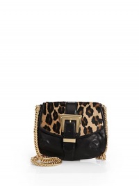 THE LOOKGoldtone shoulder chainLeopard printed calf hair flapBuckle strap front detailSnap flap closureOne inside open pocketInside logo tagTHE FITShoulder chain, 20 drop8½W X 7H X 1½DTHE MATERIALCalf hairLeatherFully linedORIGINImported THE LOOKGoldtone shoulder chainLeopard printed calf hair flapBuckle strap front detailSnap flap closureOne inside open pocketInside logo tagTHE FITShoulder chain, 20 drop8½W X 7H X 1½DTHE MATERIALCalf hairLeatherFully linedORIGINImported
