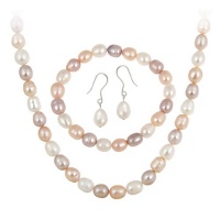 Sterling Silver Freshwater Cultured Multi-Color Pearl Necklace, Bracelet Earring Jewelry Set Sterling Silver Freshwater Cultured Multi-Color Pearl Necklace, Bracelet Earring Jewelry Set