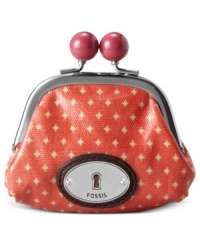 Change is good. Start with this petite, frame coin purse from Fossil that showcases a decidedly standout style. Sturdy coated canvas is dressed to impress in a bright, bold pattern--a fabulously fun look you can take to the bank. Change is good. Start with this petite, frame coin purse from Fossil that showcases a decidedly standout style. Sturdy coated canvas is dressed to impress in a bright, bold pattern--a fabulously fun look you can take to the bank.