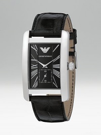 Quartz watch has a black dial that matches a black croco grain leather strap. Solid stainless steel case Roman numeral markers Sub dial with second hand Imported Quartz watch has a black dial that matches a black croco grain leather strap. Solid stainless steel case Roman numeral markers Sub dial with second hand Imported