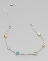 A long delicate, sterling silver link chain with beautiful semi-precious stone stations for a truly elegant look. Mother-of-pearl, honey mother-of-pearl doublet accented with clear quartz, denim mother-of-pearl doublet accented with clear quartz and clear quartzSterling silverLength, about 40Lobster clasp closureImported 
