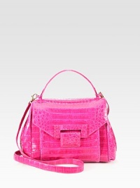 A feminine style with plenty of pockets in bold, luxurious crocodile.Top handle, 3½ dropDetachable shoulder strap, 24 dropFlap closureOne open pocket under flapOne outside open pocketThree inner compartmentsOne inside zip pocketThree inside open pocketsSuede lining9W X 7½H X 5DImported A feminine style with plenty of pockets in bold, luxurious crocodile.Top handle, 3½ dropDetachable shoulder strap, 24 dropFlap closureOne open pocket under flapOne outside open pocketThree inner compartmentsOne inside zip pocketThree inside open pocketsSuede lining9W X 7½H X 5DImported