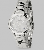 EXCLUSIVELY AT SAKS. From the Urban Collection. A stunning timepiece that adds a little sparkle to every minute. Quartz movement Water-resistant to 10 ATM Swarovski crystal accents along outer edge of case Round stainless steel case; 38mm diameter (1.5) White dial with bar hour markers and bold Arabic numerals Date display at 4:30 position Second hand Polished stainless steel link bracelet; width 17mm (.67) Foldover clasp Imported