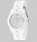 A sleek stainless steel timepiece with glitzy logo dial and sporty plastic link bracelet.Quartz movement Water resistant to 5 ATM White dial Round stainless steel case, 40mm, (1.57) Logo hour markers along outer concave ring with rhinestone 'Marc' Second hand Plastic link bracelet, 20mm, (.78) Tri-fold buckle Imported 