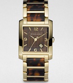 A seamless fusion of goldplated stainless steel and tortoise acetate for an ultra-chic timepiece.Quartz movement Water resistant to 5 ATM Goldplated stainless steel square case, 29mm x 30mm, (1.14 x 1.18) Chocolate brown dial Arabic numeral and index hour markers Date display between 4 and 5 o'clock Second hand Goldplated stainless steel and tortoise acetate link bracelet Imported 