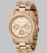 A sporty chronograph timepiece with date display in a rose goldplated stainless steel.Quartz movement Water resistant to 5 ATM Rose goldplated round stainless steel case, 38mm, (1.49) Light rose gold chronograph dial Date display between 4 and 5 o'clock Arabic numeral and index hour markers Second hand Rose goldplated link bracelet Deployment buckle Imported 
