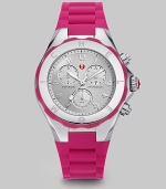 From the Tahitian Jelly Bean Collection. A sporty timepiece with stainless steel accents, enamel dial and silicone strap. Swiss quartz movementWater resistant to 5 ATMRound stainless steel case, 40mm (1.5)Logo bezelSunray chronograph dialNumeric hour markersSecond hand Pink silicone strapImported