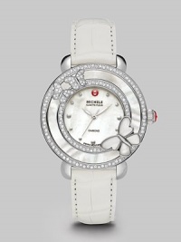 This limited edition timepiece boasts a diamond bezel with mother-of-pearl details on a sleek stainless steel link bracelet. Swiss quartz movementWater resistant to 5 ATMRound stainless steel case, 38mm (1.5)Diamond accented mother-of-pearl bezel, .63 tcwMother-of-pearl dialDot hour markersSecond hand Alligator strap, 16mm wide (0.6)Imported