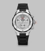 From the Tahitian Jelly Bean Collection. This technical timepiece features a sleek stainless steel case with a sporty silicone strap. Swiss quartz movementWater resistant to 5 ATMRound stainless steel case, 40mm (1.5) Sunray logo bezelStainless steel chronograph dialNumeric hour markersDate sub-dialSecond hand Black silicone strapImported