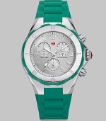 From the Tahitian Jean Bean Collection. Be bold and sporty with this colorful and technical timepiece. Quartz movementWater resistant to 5 ATMRound stainless steel case, 40mm (1.6) Logo etched bezelSilvertone sunray dialNumeric hour markersSecond hand Sea green silicone strapImported