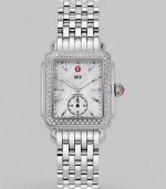 From the Deco Collection. Mother of pearl dial and diamond accents make this elegant time piece a true style statement.Swiss quartz movement Water resistant to 5 ATM Diamond pavé bezel, 0.49 tcw Rectangular stainless steel case, 30mm, (1.18) Mother of pearl dial Second sub-dial Index hour markers Stainless steel link bracelet Imported 