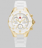 A sporty chronograph timepiece with goldplated stainless steel accents and silicone strap.Swiss quartz movement Water resistant to 5 ATM Logo bezel Round, goldplated stainless steel case, 40mm, (1.49) K-1 mineral crystal White chronograph dial Numeral hour markers Second hand Silicone strap Imported 