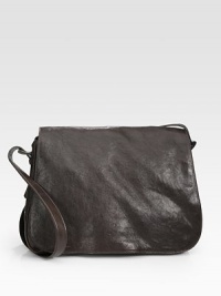 Calfskin leather messenger with full flap closure.Flap closureAdjustable shoulder strap15¾W x 11H x 6DMade in Italy Calfskin leather messenger with full flap closure.Flap closureAdjustable shoulder strap15¾W x 11H x 6DMade in Italy