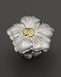 A delicate gardenia, captured at the heights of its beauty in sterling silver and 18K yellow gold, blooms on this ring from Buccellati. A delicate gardenia, captured at the heights of its beauty in sterling silver and 18K yellow gold, blooms on this ring from Buccellati.