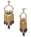 Take a bow. Betsey Johnson's drop earrings feature dangling chains in two-tone to create a stunning appearance. With crystal accents and rope bow accent. Crafted in gold tone and hematite tone mixed metal. Approximate drop: 3 inches.
