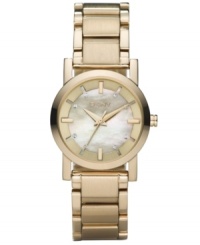 A great everyday watch that's gloriously gilded, by DKNY. Goldtone ion-plated stainless steel bracelet and brushed round case. Champagne mother-of-pearl sunray dial with goldtone stick indices and logo. Quartz movement. Water resistant to 50 meters. Two-year limited warranty. A great everyday watch that's gloriously gilded, by DKNY. Goldtone ion-plated stainless steel bracelet and brushed round case. Champagne mother-of-pearl sunray dial with goldtone stick indices and logo. Quartz movement. Water resistant to 50 meters. Two-year limited warranty.