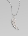 One graceful angel's wing, encrusted in shimmering diamonds, takes flight on a delicate chain of 14k white gold. Diamonds, 0.16 tcw 14k white gold Chain length, about 16 Pendant length, about 1 Lobster clasp Imported