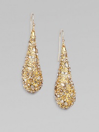 From the Miss Havisham Collection. Dazzling Swarovski crystals encrusted on goldtone teardrops. Swarovski crystalsGoldtoneDrop, about 214k gold filled French wireMade in USA From the Miss Havisham Collection. Dazzling Swarovski crystals encrusted on goldtone teardrops. Swarovski crystalsGoldtoneDrop, about 214k gold filled French wireMade in USA