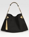 Nubuck design finished with a polished chain strap and tassel detail.Shoulder strap, 6 dropTop snap closureOne inside zip pocketTwo inside open pocketsNatural linen lining17½W X 10½H X 1DMade in Italy