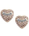 Follow your heart. These ladylike heart stud earrings feature pink pave crystals and a silver tone logo banner. Crafted from gold tone mixed metal. Approximate diameter: 3/8 inch.