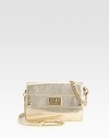 Transition from day to night with this ultra-glam compact shape in eye-catching metallic leather. Detachable chain and leather shoulder strap, 24 dropTurn-lock flap closureOne inside zip pocketOne inside open pocket8 credit card slotsFully lined7¾W X 5½H X 2DImported