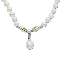S&G Sterling Silver and 14k Yellow Gold Freshwater Cultured Pearl and Diamond Drop Necklace (0.01cttw, I-J Color, I3 Clarity), 17 S&G Sterling Silver and 14k Yellow Gold Freshwater Cultured Pearl and Diamond Drop Necklace (0.01cttw, I-J Color, I3 Clarity), 17
